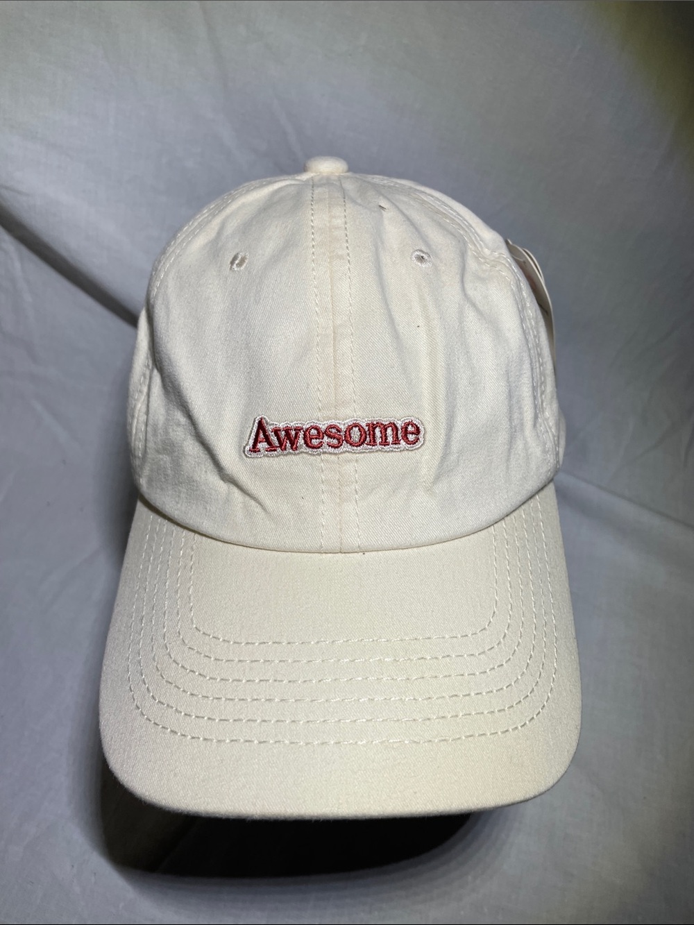 Cream Baseball Cap with Red "Awesome" Embroidery